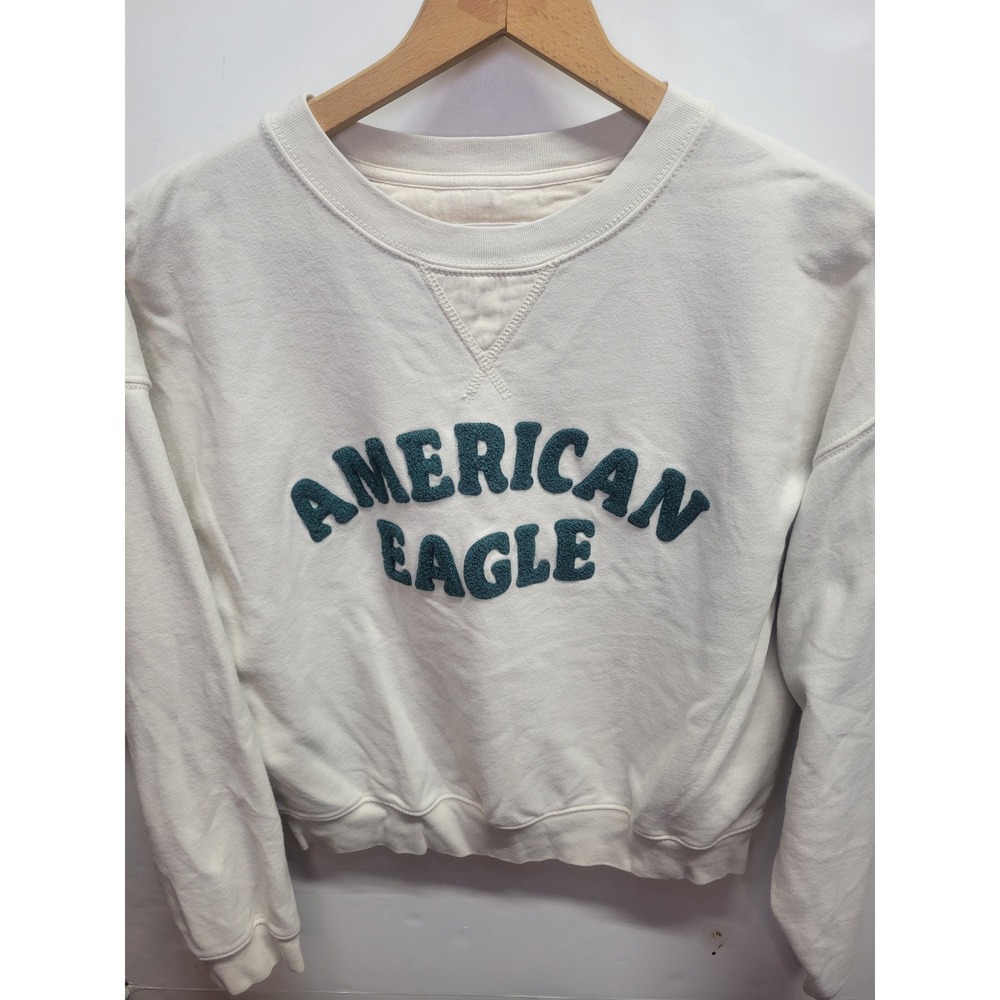 American Eagle Ivory Green Cropped Crewneck Pullover Sweatshirt Cozy Casual S
